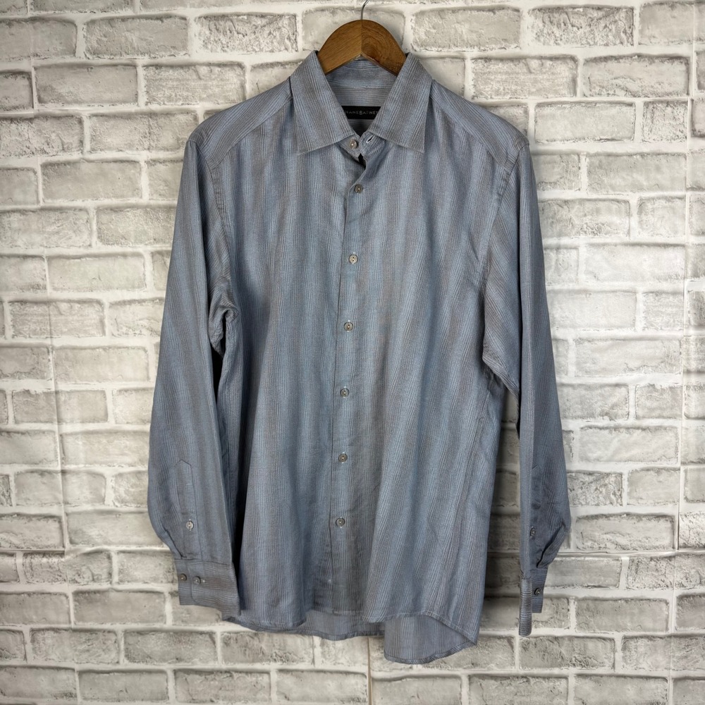 Jhane Barnes New York Mens Large Blue Grey Striped Long Sleeve Button Down Shirt